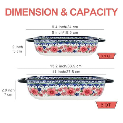TAUFIKT Ceramic Casserole Dishes for Oven, Hand-painted Polish Pottery Baking Dish Set of 2, 0.8QT / 2QT Porcelain Casserole Dishes with Handles, Baking Pan Lasagna Pan, Gift for Family/Friend (Red)