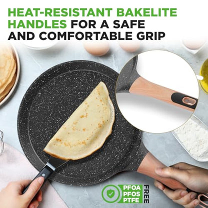 NutriChef 9.45” Non-Stick Crepe Pan with Wooden Spreader, Durable Marble Coated Dosa Pan, Bakelite Handle and Induction Bottom, PFOA/PFOS Free, Dishwasher Safe, Even Heat Distribution (Black Marble)