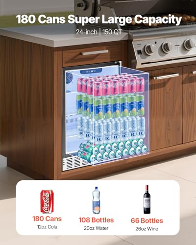 VEVOR 24-Inch Outdoor Beverage Refrigerator, 150 QT Built-in Drink Fridge, 0.56 kWh/Day Energy-Efficient Cooler with 304 Stainless Steel Door, Holds 180 Cans for Outdoor Kitchen, Home Bar, Patio