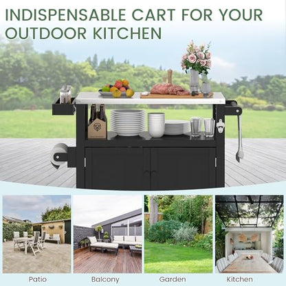 Sunnibety Weatherproof HIPS Outdoor Kitchen Island with Stainless Steel Top & Storage Cabinet, Movable Prep Table with Wheels for BBQ Food Prep, Outdoor Grill Cart for Parties, Black
