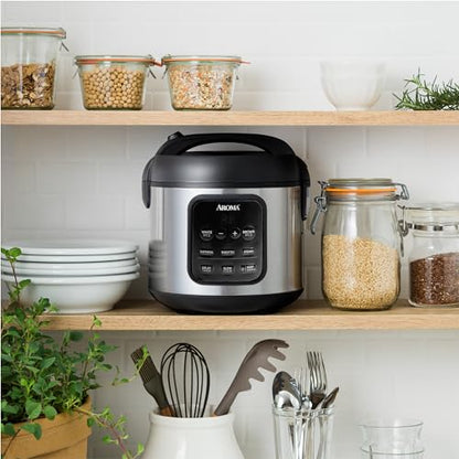 AROMA Digital Rice Cooker, 4-Cup (Uncooked) / 8-Cup (Cooked), 2 Qt, Steamer, Multicooker, Slow Cooker, Oatmeal Cooker, Auto Keep Warm, Stainless Steel Exterior