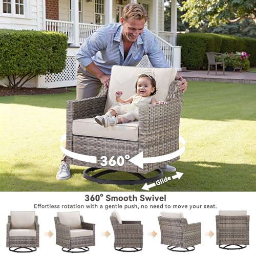 6 Piece Outdoor Patio Wicker Furniture Sets-High Back Outdoor Conversation Set Sectional Sofa with Wicker Swivel Rocker Patio Chairs,Thick Cushions Ottomans for Porch Balcony Patio Deck Grey/Beige