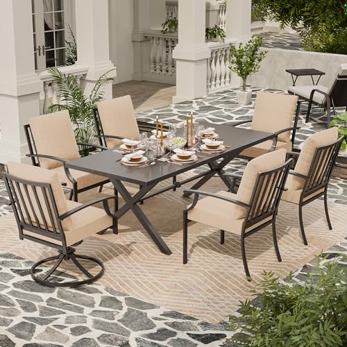 ASJMR 7 Piece Outdoor Dining Set for 6, Metal Patio Table and Chairs with Cushions, Patio Furniture Set with 2 Swivel Chairs, Rectangular Patio Dining Table with Umbrella Hole, Lawn Deck, Yard-Sand
