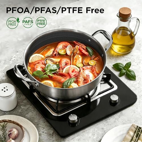 COOKER KING 5QT Stainless Steel Saute Pan with Lid, Hybrid Nonstick Deep Saute Pan, Chicken Fryer, Tri-Ply Clad Even Heat Distribution, Dishwasher-Friendly,Oven Safe to 900°F, Induction Compatible