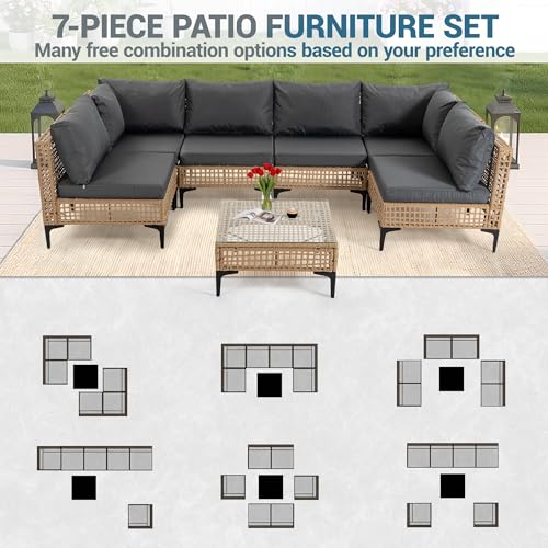 WiNVO 7 Piece Outdoor Patio Furniture Set with Coffee Table - Grey