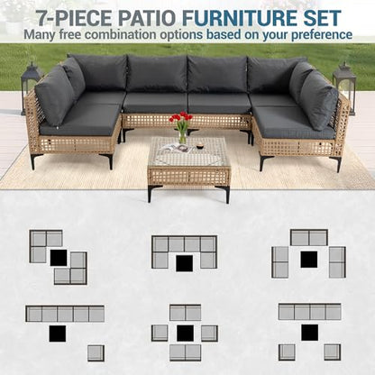 WiNVO 7 Piece Outdoor Patio Furniture Set with Coffee Table - Grey