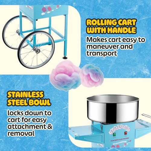 Cotton Candy Machine With Cart – 1000W Flufftastic Floss Maker With Stainless-Steel Pan, Side Trays, And 13in Wheels By Great Northern Popcorn (Blue)