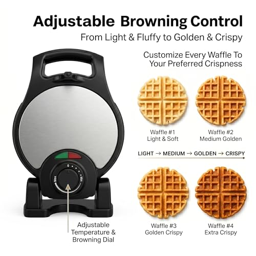 Moss & Stone Belgian Waffle Maker – Rotating Flip Design, 8-Inch Electric Waffle Iron, Non-Stick Grids for Easy Release & Clean, Adjustable Temperature, Compact Upright Storage, Black