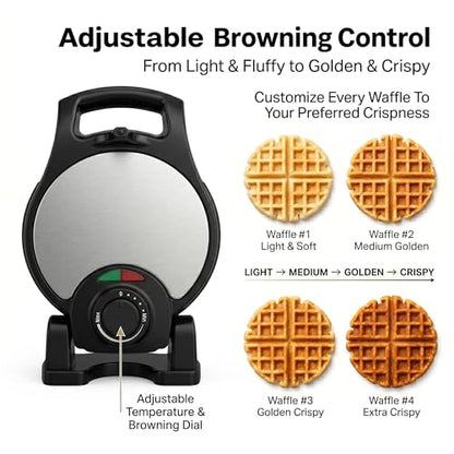 Moss & Stone Belgian Waffle Maker – Rotating Flip Design, 8-Inch Electric Waffle Iron, Non-Stick Grids for Easy Release & Clean, Adjustable Temperature, Compact Upright Storage, Black