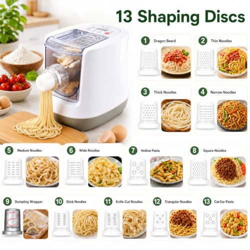 Electric Pasta Maker Machine – Automatic Noodle Maker with 13 Shape Discs, 23oz Large Capacity, Digital Touch Control for Spaghetti, Fettuccine, Macaroni & Dumpling Skins