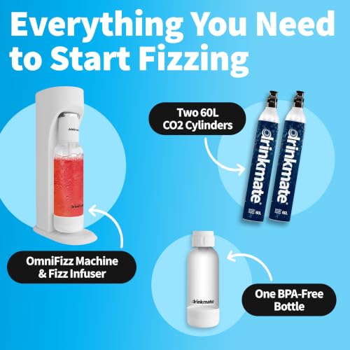 Drinkmate OmniFizz Sparkling Water Maker & Soda Streaming Machine | Carbonates Any Drink | VALUE KIT | Includes Two 60L CO2 Cartridges + One BPA-Free Bottle (Matte Black)