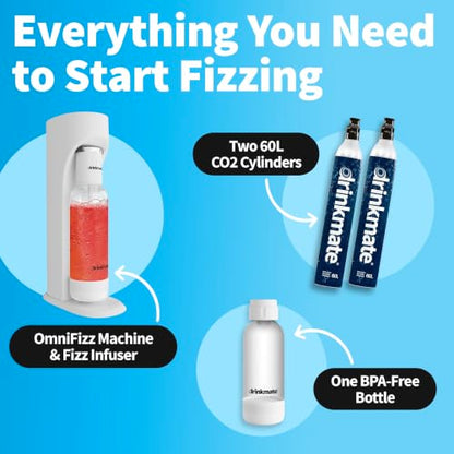 Drinkmate OmniFizz Sparkling Water Maker & Soda Streaming Machine | Carbonates Any Drink | VALUE KIT | Includes Two 60L CO2 Cartridges + One BPA-Free Bottle (Matte Black)