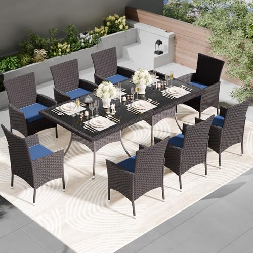 Kullavik 10 Pieces Outdoor Dining Set Patio Rattan Furniture Set,Patio Dining Table and Chairs Set with 8 Chairs and Cushions,Square Glass Tabletop with Umbrella Hole for Patio,Backyard,Navy Blue