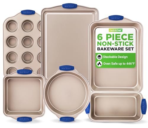NutriChef 6-Piece Nonstick Bakeware Set - Premium Carbon Steel Baking Trays w/Heat-Safe Silicone Handles - Includes Loaf Pan, Muffin/Cupcake Pan, Round & Square Roaster Pans, Cookie Sheet - NCSBSG36