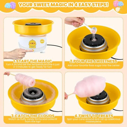 Cotton Candy Machine for Kids, Countertop Cotton Candy Maker Homemade Candy Sweets for Birthday Parties, Includes a Scoop and 10 Candy Cones, Adorable Yellow Duck Cartoon Design