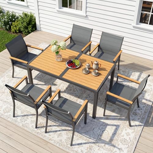 7-Pieces Aluminum Patio Table and Chairs for All-Weather, Patio Table Set with Heavy Duty HDPS Rectangular Table, Outdoor Patio Dining Furniture Set with Breathable Quick-Drying Textilene Chairs