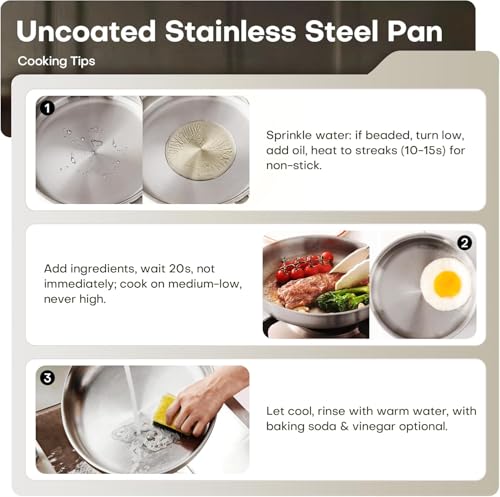 Kordichef 10 Inch Stainless Steel Frying Pan with Lid, Tri-Ply Healthy Stainless Steel Cookware, Pan, Skillet on Induction, Ceramic and Gas Cooktops, PFOA Free Cooking Pan, Dishwasher Safe