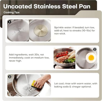 Kordichef 10 Inch Stainless Steel Frying Pan with Lid, Tri-Ply Healthy Stainless Steel Cookware, Pan, Skillet on Induction, Ceramic and Gas Cooktops, PFOA Free Cooking Pan, Dishwasher Safe
