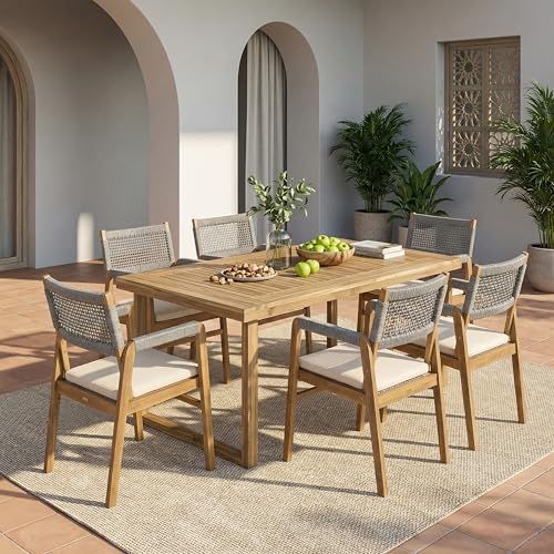 Christopher Knight Home Terry Acacia Wood Patio Dining Set for 6, Solid Wood Outdoor Dining Table Set for 6, 7 Piece Outdoor Dining Set with Rectangular Table and Woven Rope Accents, Teak+Beige+Grey