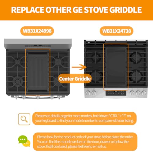 Upgraded WB31X24738 WB31X49806 Griddle Replacement Parts for GE Gas Stove Cast Iron Griddle Plate WB31X24998 General Electric Range StoveTop Cooktop Center Griddle Stove Burner Middle Flat Top Pan