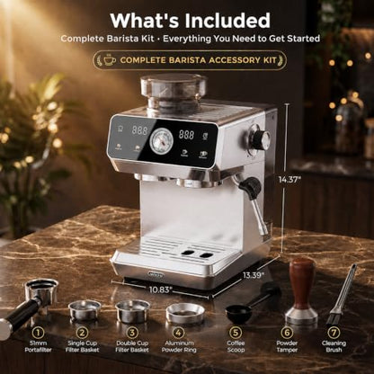 MOEFO Espresso Machine with Grinder, 20-Bar Programmable Semi-Automatic Coffee Maker, Visual Pressure Gauge & Touchscreen, Compact Design with Tamper, Make Americano, Latte, Silver