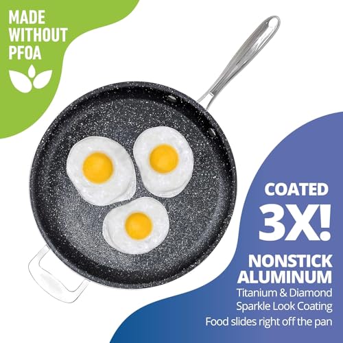 Granitestone 14 Inch Large Non stick Frying Pan for Cooking, Frying Pans Nonstick, Ultra Durable Mineral and Diamond Coating, Family Sized Open Skillet, Oven and Dishwasher Safe, Black