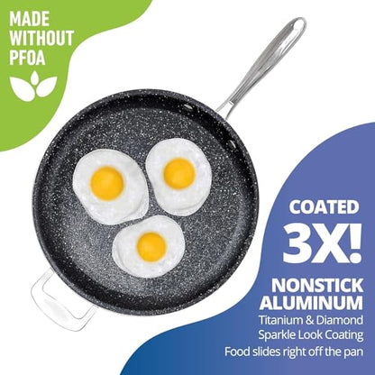 Granitestone 14 Inch Large Non stick Frying Pan for Cooking, Frying Pans Nonstick, Ultra Durable Mineral and Diamond Coating, Family Sized Open Skillet, Oven and Dishwasher Safe, Black