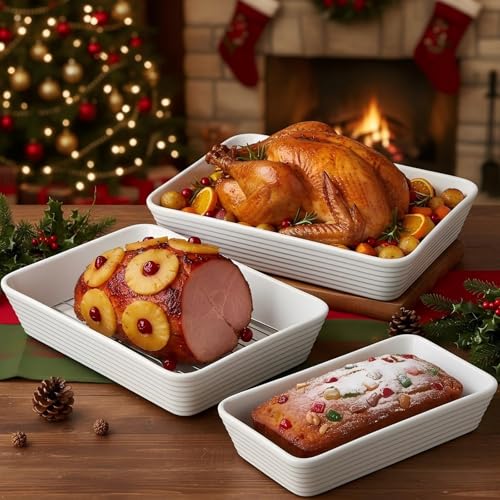 ONEMORE Baking Dishes for Oven, 9x13 Large Casserole Dishes for Oven with Roasting Racks, Rectangular Ceramic Baking Dish Set of 3 for Cooking & Serving, Deep Dish Lasagna Pan (3QT/2.1QT/1.3QT)