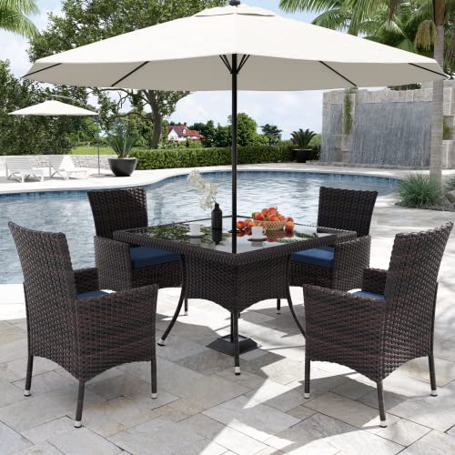 Kurapika 10-Piece Patio Furniture Outdoor Dining Set, Wicker Rattan Patio Dining Table and Chairs Set, Square Tempered Glass Tabletop with Umbrella Hole and 8 Chair Set, for Patio, Backyard, Navy Blue