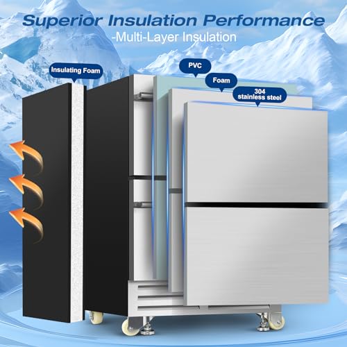 24 Inch Dual Drawer Fridge Under Counter with Wheels, Outdoor Beverage Refrigerator for Patio, Stainless Steel Weather-Proof, Freestanding or Built-In Installation, Ideal for Home and Commercial Use