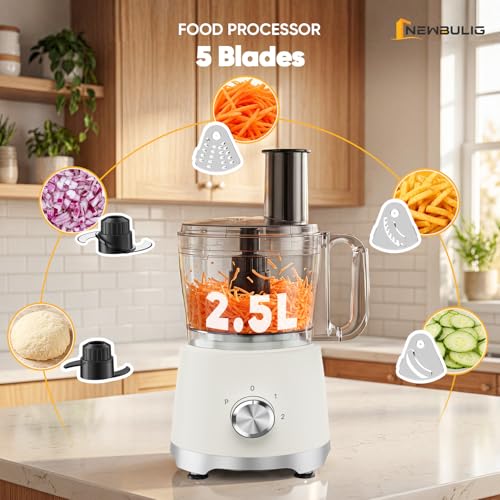 NEWBULIG 10.5 Cups Food Processor, Versatile Food processors with 5 Blades, 600W Powerful Meat Grinder for Slicing, Shredding, Chopping, Kneading, Dishwasher Safe, for Meat, Vegetables, Fruit, Dough