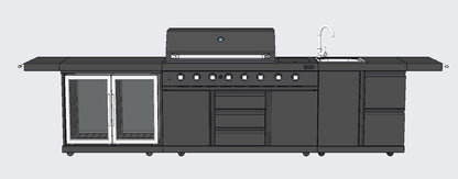3 Piece Island Modular BBQ Outdoor Grill Black Stainless Steel with Double Refrigerator, Sink, Rotisserie, and Cover, Propane or Natural Gas