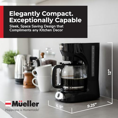 Mueller 12-Cup Drip Coffee Maker - Borosilicate Carafe, Auto-Off, Reusable Filter, Anti-Drip, Keep-Warm Function, Clear Water Level Window Coffee Machine, Kitchen Essentials & Accessories