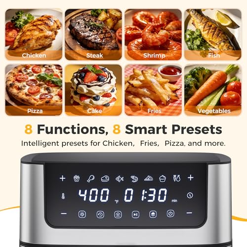 NEWBULIG Air Fryer 6.34QT Airfryer with Visible Window 400℉ Fast Heating Stainless Steel Air Fryers Oven with Nonstick and Dishwasher-Safe Basket 8-in-1 Cooking Preset with Timer Auto-Off