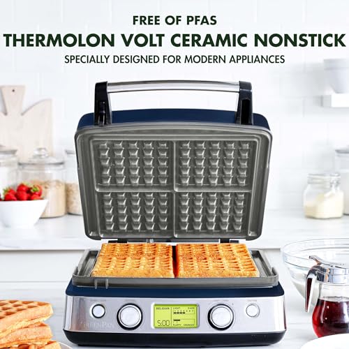GreenPan Elite 4-Square Belgian & Classic Waffle Maker,Healthy Ceramic Nonstick Dishwasher Safe Plates, Adjustable Shade/Crunch Control, Wont Overflow, Easy Cleanup Breakfast, PFAS-Free, White