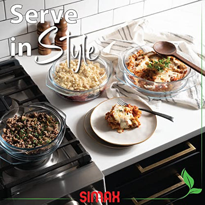 Simax Casserole Dish Set with Lid, Round Glass Cookware, Borosilicate Glass, Made In Europe 1 Qt, 1.5 Qt and 2 Qt Baking Dishes, Set of 3