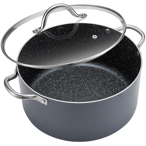 BEZIA 8 Quart Cooking Pot, Large Non Stick Induction Stock Pots with Lid, All Stove Compatible, 8 QT Aluminum Soup/Stew Pot For Families of 3–5, Grey