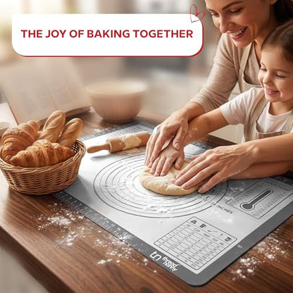 XL Silicone Pastry Mat for Baking Extra Large 28x20 - Non-Stick Non-Slip Rolling Mat for Dough with Measurements - Bread, Pizza, Pie Crust, Cookies, Fondant - Oven Safe, Dishwasher Safe (Grey)