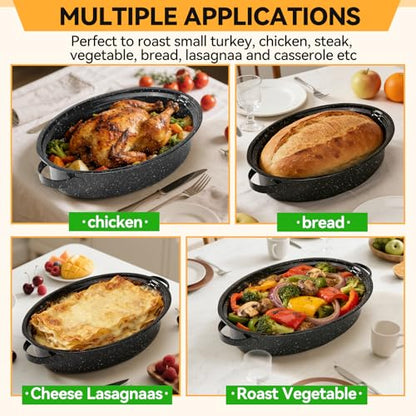 15.4” Roasting Pan With Lid, Oval Roaster Pan, Medium Roasting Pan For 10 Lb Turkey, Chicken, Lamb, Vegetables, Casserole, Lasagnaa