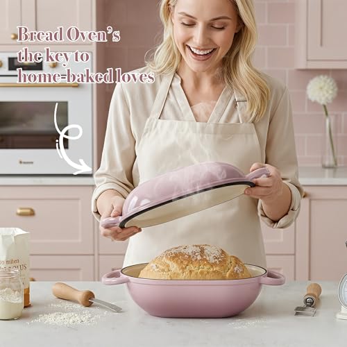 2 QT Oval Dutch Oven for Bread Baking, Enamelled Cast Iron Bread Oven for Sourdough, Sourdough Loaf Pan with Lid, Heavy-Duty Non Stick Bread Pan for Homemade Bread Baking, Pink