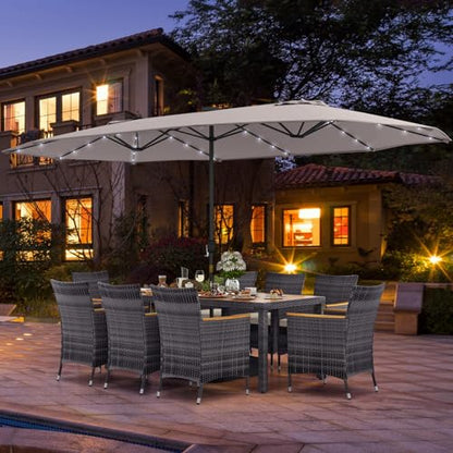 Tangkula 11 Pieces Patio Dining Set with 15 ft Double-Sided Patio LED Umbrella (Base Included), Outdoor Rattan Furniture Set with 8 Armchairs, 1 Rectangular Acacia Wood Dining Table