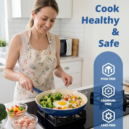 Hteizpz Enameled Cast Iron Skillet 3-Piece Set, Nonstick Heavy-Duty 11", 10", 8.6" Frying Pan, Oven & Induction Safe, Cookware for Gas, Electric, Ceramic Stovetops, Blue