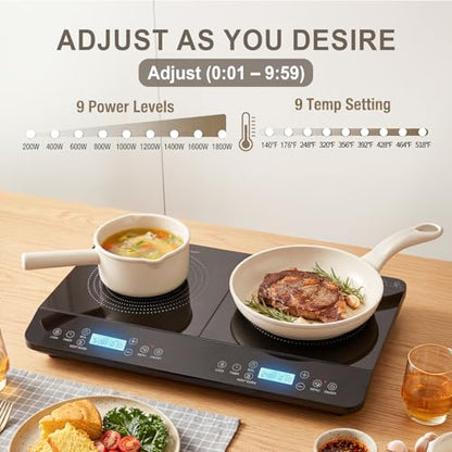 HOBCYCLE Double Induction Cooktop 2 Burner, 1800W Portable Electric Stove with 9 Temperature Settings, LED Display, Safety Lock & Timer, 110v-120v Induction Burners for Kitchen, RV