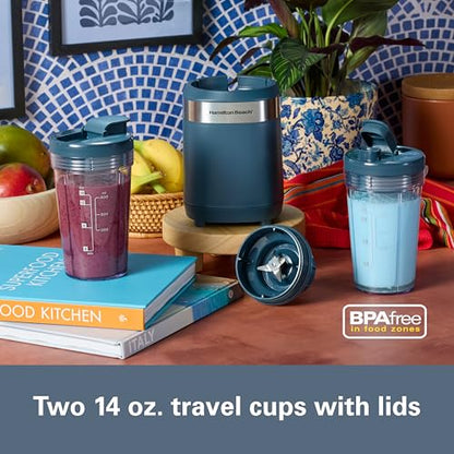 Hamilton Beach Personal Blender for Smoothies With 2 BPA-Free 14 oz. Travel Blender Jars and Lids, Powerful 400 Watt Motor, Stainless Steel Blades, Kitchen Makeover Blue (51202J)
