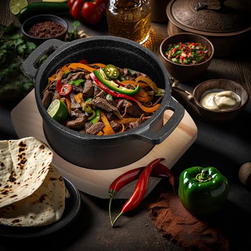 Suttmin 2 Sets 8 oz Dutch Oven Pot with Lid and Wooden Base Pre Seasoned Cast Iron Casserole Mini Cast Iron Pot Round Cocotte with Handle Heavy Duty Casserole Dish for Grill Oven Black