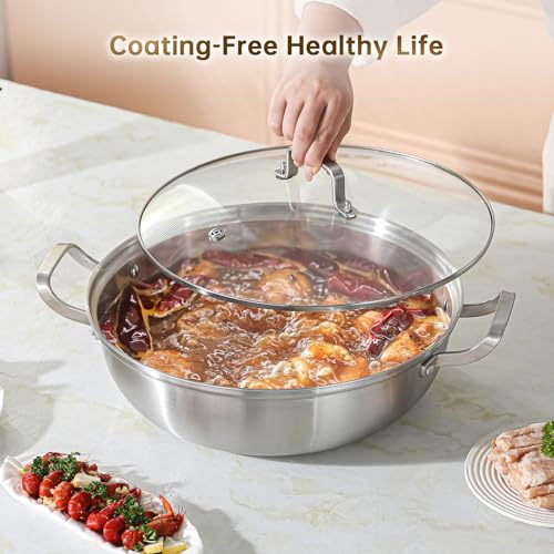 Yeksum Tri-Ply Stainless Steel Saute Pan,Deep Frying Pan with lid,Compatible with All Cooktops Up to 650℉, Everyday Pan,Hot Pot,Kadhai,Induction Cooking Pot,Dishwasher and Oven Safe. (5QT)
