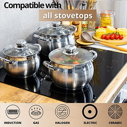 Daniks Classic 2 Quart Stainless Steel Stock Pot with Glass Lid, Tri-Ply Bottom for Even Heating, Induction Compatible, Dishwasher Safe
