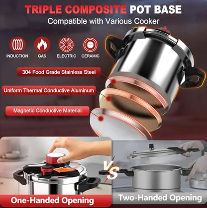 18/8 Stainless Steel Pressure Cooker 10 Quart, [One-Hand Locking] Pressure Cooker, [3-In-1] Olla de Presion, Induction Compatible, Gas Stovetop Compatible,Includes Glass Lid & Steamer Rack