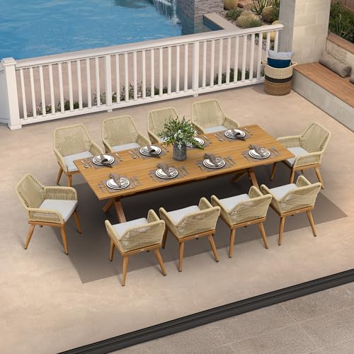 PURPLE LEAF 11 Pieces Outdoor Dining Set All-Weather PE Rattan Outdoor Patio Furniture Set with All Aluminum Frame Rectangular Table and Chairs Set for Lawn Garden Backyard Deck, Teak