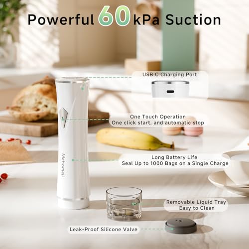 Mehomeli Compact Vacuum Sealer for Food (Vacuum Sealer Machine + 30 Reusable Vacuum Bags), Powerful Handheld Vacuum Sealer Machine, Seal Food 6X Fresh Longer, Portable & Wireless, Easy-Clean